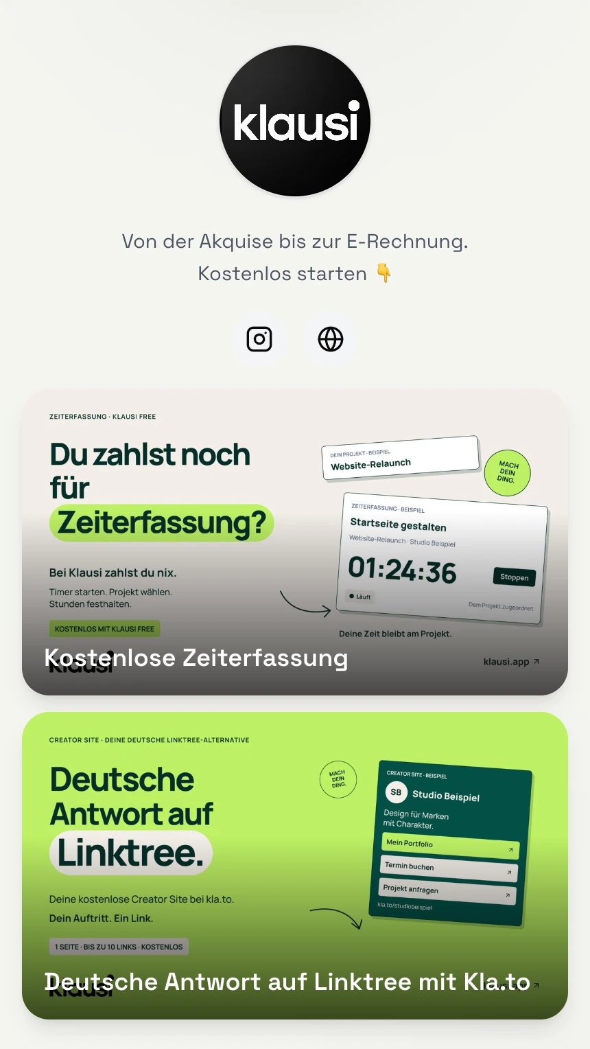 Die öffentliche Klausi Creator Site mit Logo, Social-Links und Kampagnenbildern.