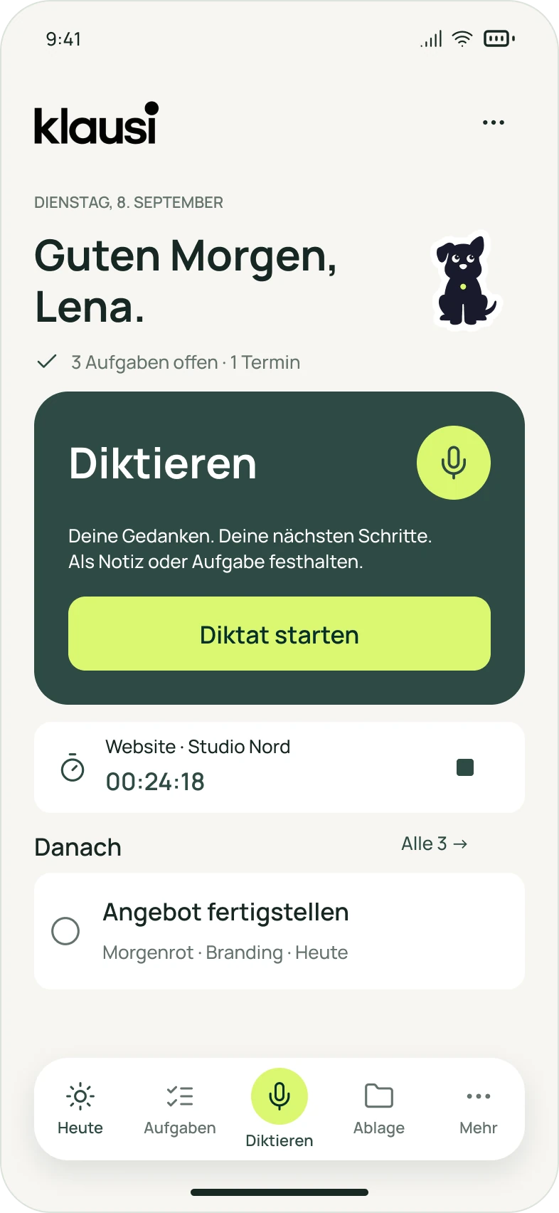 Geplante Klausi-iOS-App: Heute-Ansicht mit Tagesaufgaben, laufendem Timer und Diktat-Einstieg.