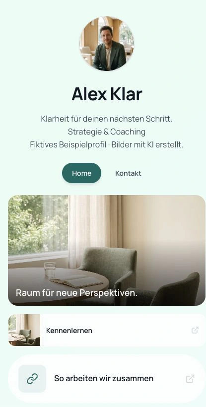 Alex Klar · Beratung / Coaching · Originalansicht des Beispielprofils · deutsche Oberfläche.