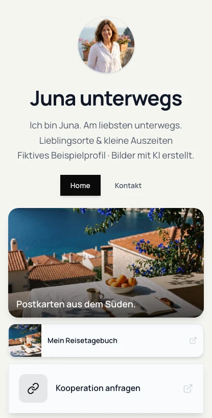 Juna unterwegs · Reisen & Lieblingsorte · Originalansicht des Beispielprofils · deutsche Oberfläche.