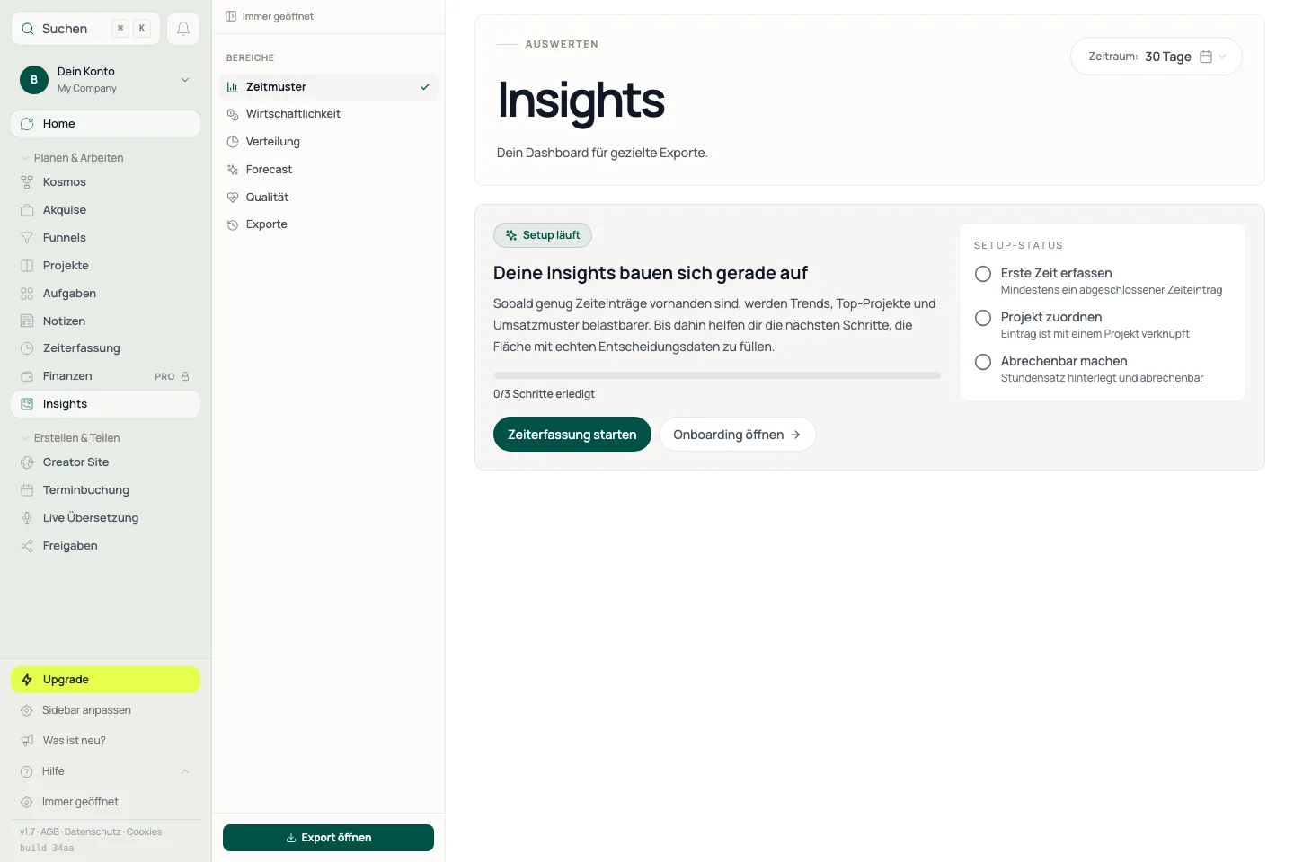 Insights-Workspace: Die Seitenleiste kombiniert Tabs und Filter, der Hauptbereich zeigt Kennzahlen und Charts.