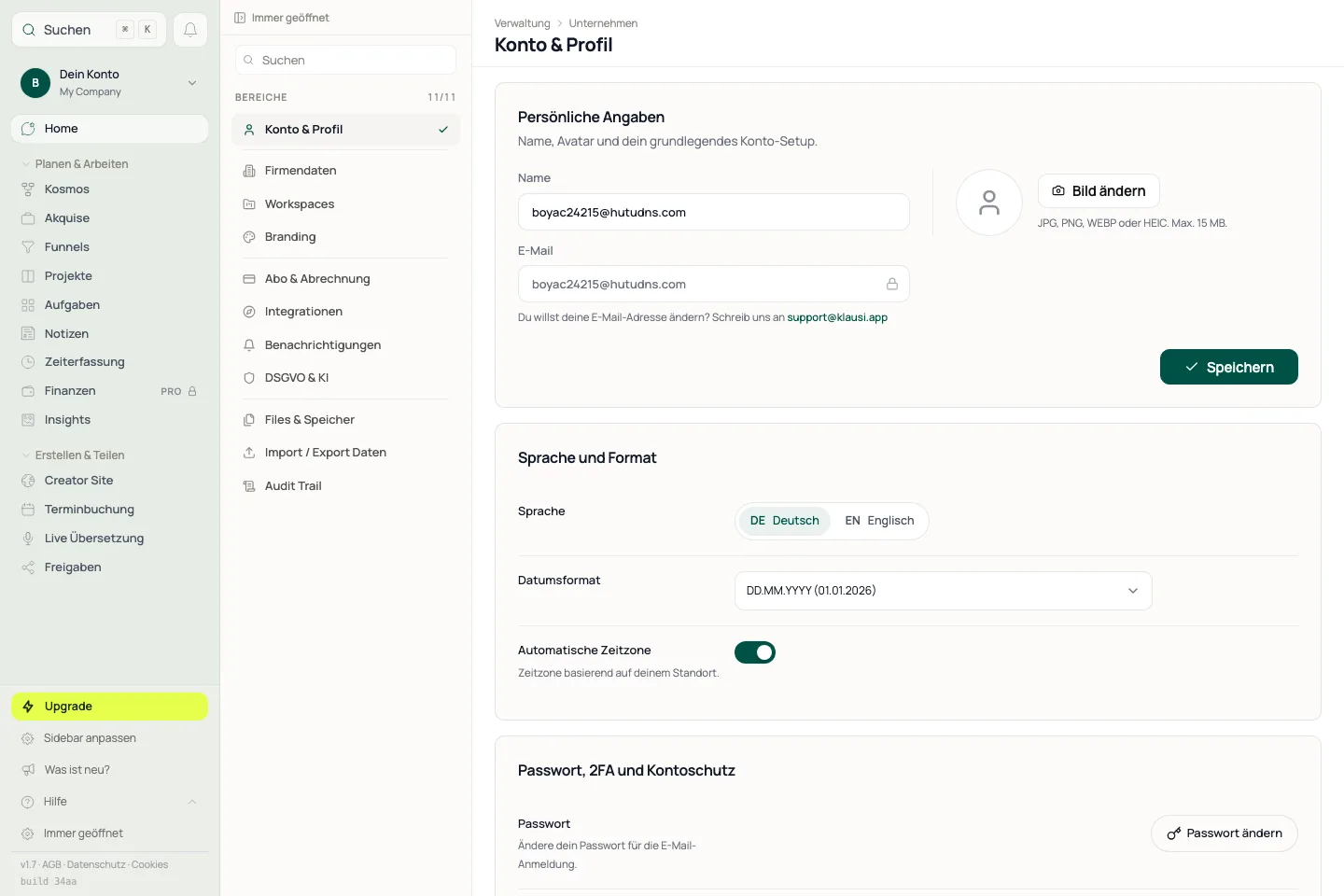 Settings-Workspace: Konfiguration ist in ruhige Bereiche getrennt und zeigt Status klar an.