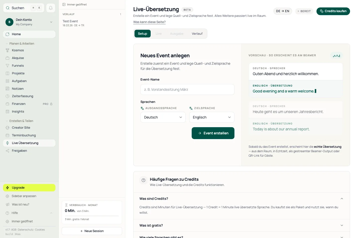 Live-Event: Links Eventliste und Links, rechts Transkript und Session.