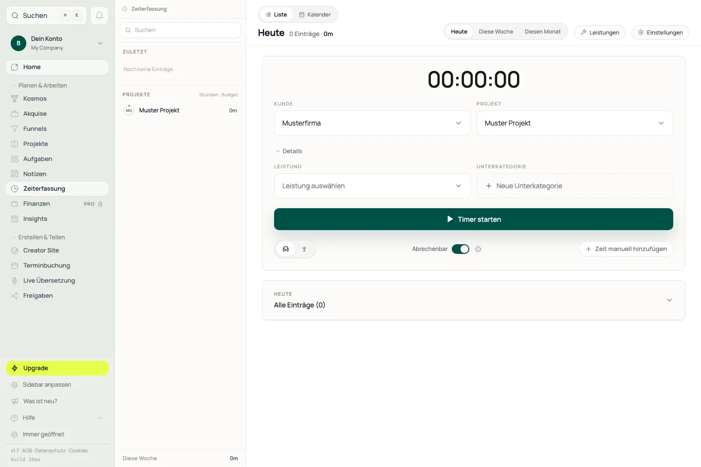 Tracker und Kalender: Der View-Switch trennt Liste/Timer von Wochenkalender und Korrektur.