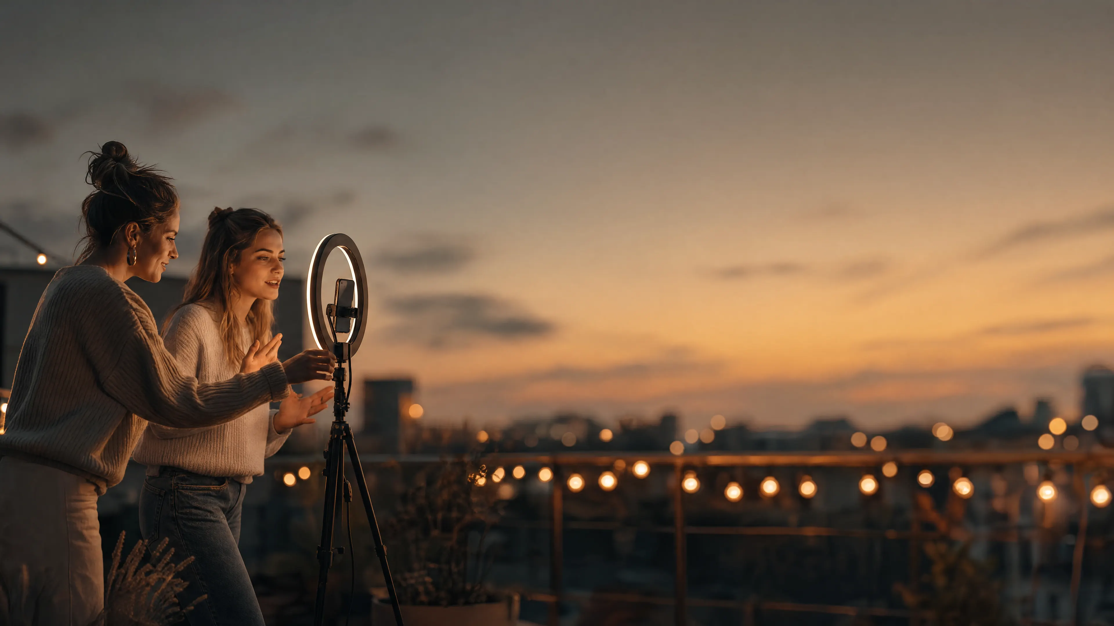 Zwei Creatorinnen drehen abends auf einer Dachterrasse ein Video mit Ringlicht und Smartphone
