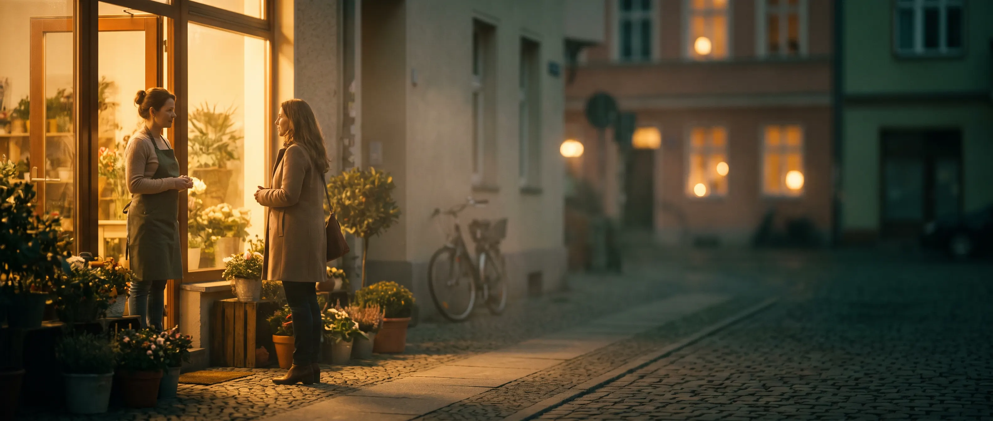 Eine Floristin spricht abends mit einer Kundin vor ihrem Blumenladen