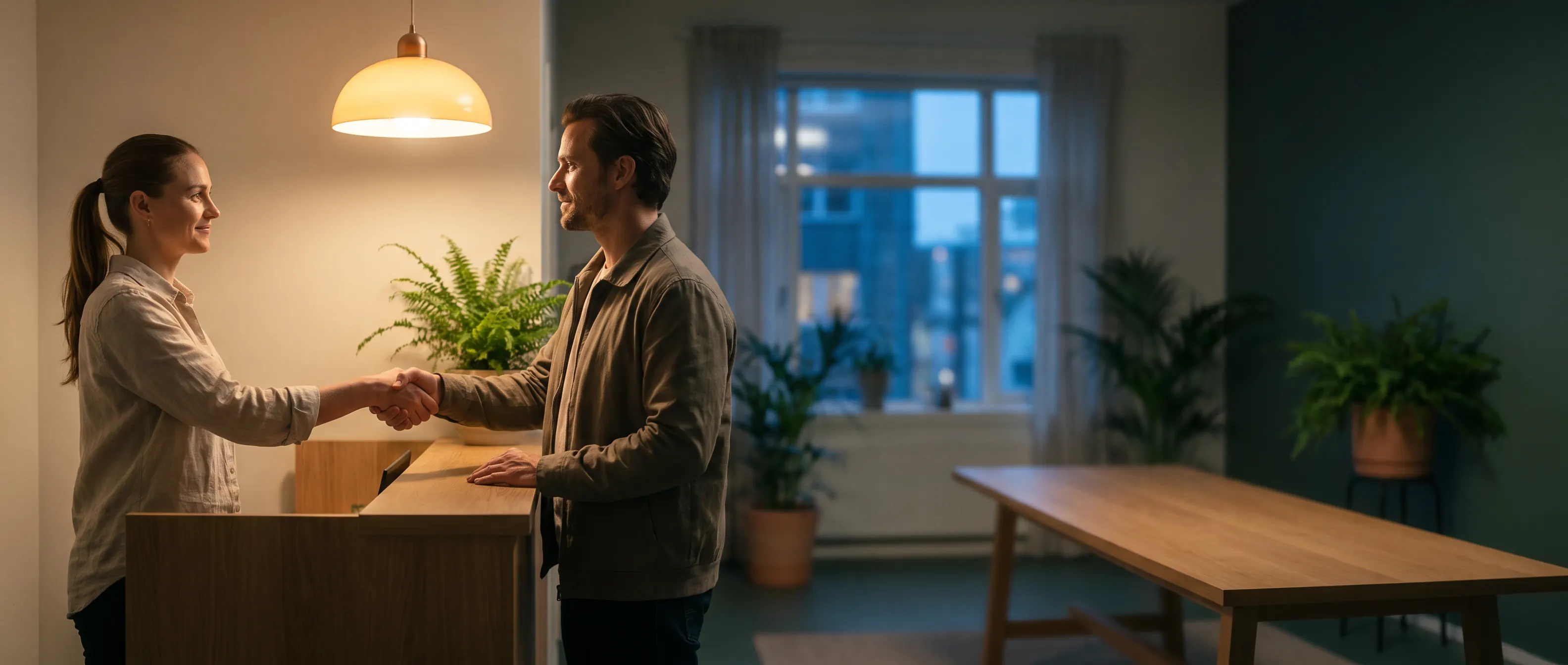 Eine Physiotherapeutin begrüßt eine Klientin am Empfang ihrer Praxis am Abend