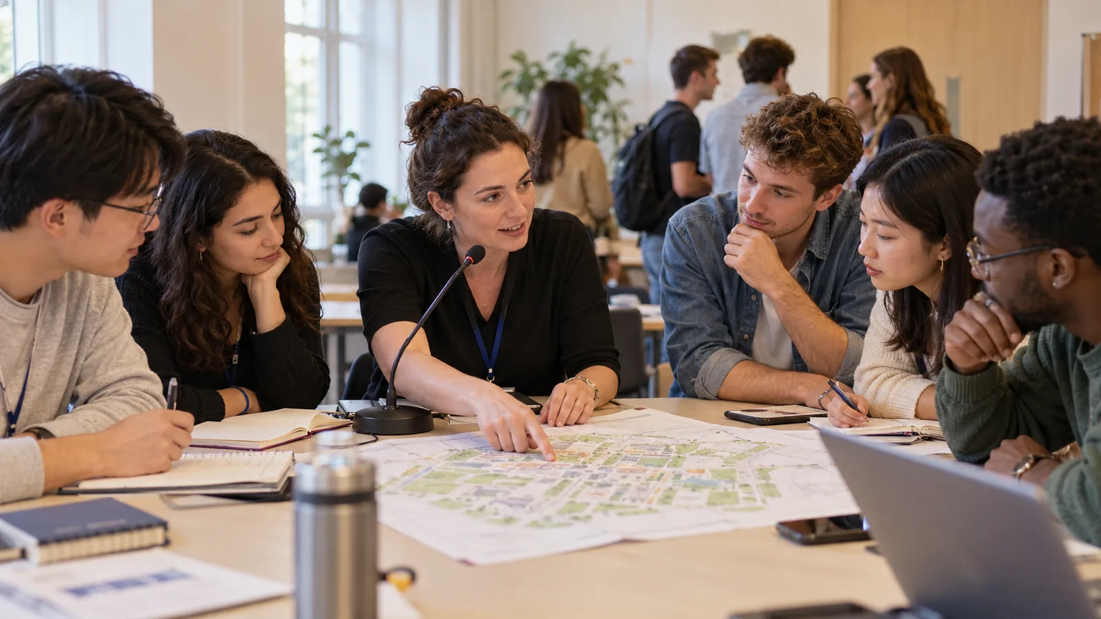 Erwachsene Austauschstudierende besprechen mit einer Betreuungsperson eine Orientierungskarte am Seminartisch.