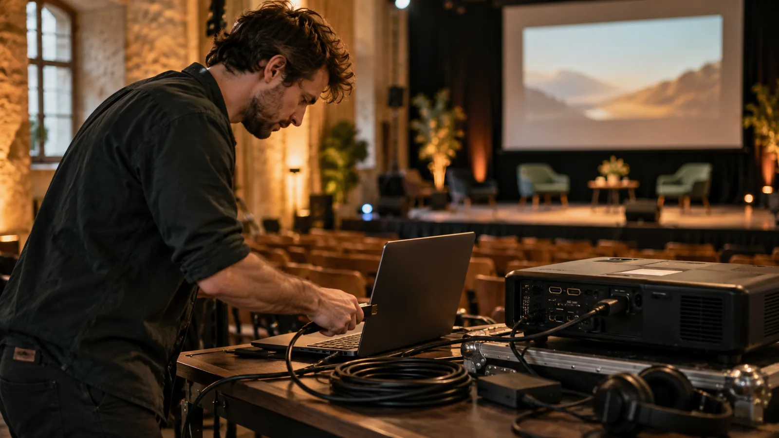 Ein Technikplatz mit Laptop und Beamer vor einer Veranstaltung.