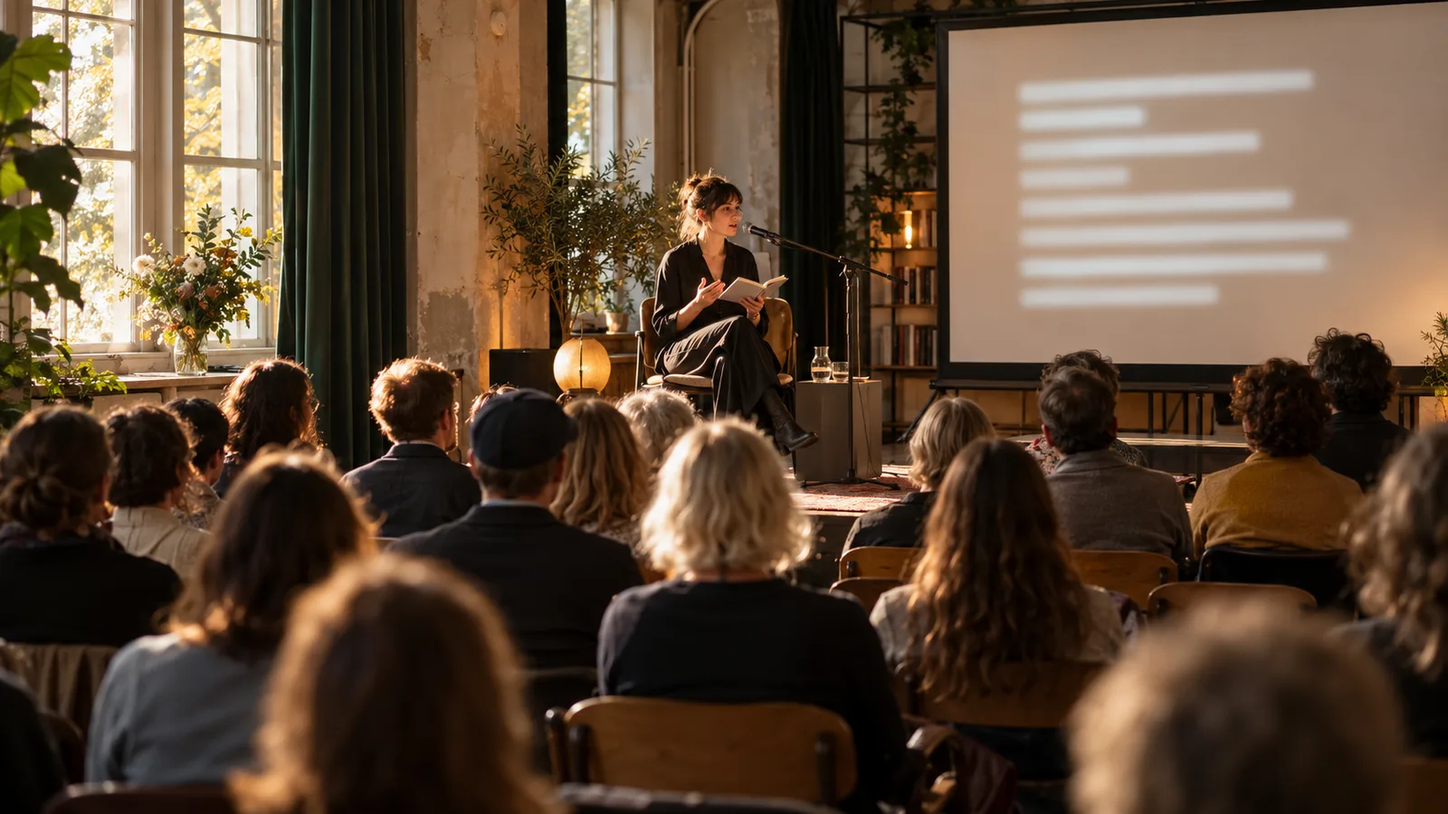 Eine Sprecherin am Mikrofon vor Publikum in einem Kulturraum mit Projektionsfläche.