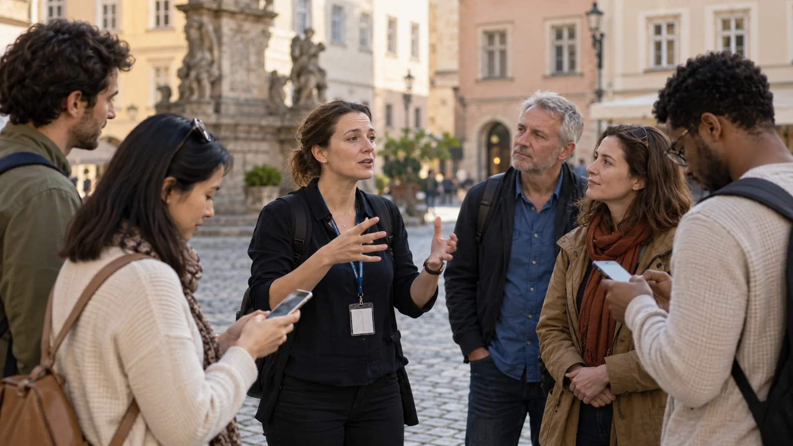 Eine Reisegruppe steht mit ihrem Guide auf einem historischen Platz; zwei Gäste schauen auf ihr Smartphone.