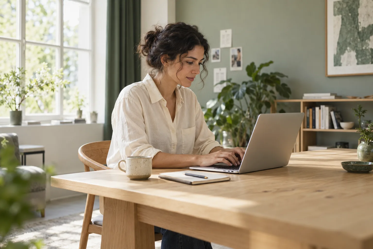 Eine Selbstständige arbeitet am Laptop in einem hellen, modernen Studio